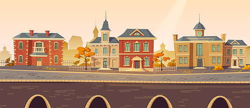 Vintage city autumn street with european colonial victorian buildings and lake promenade. 19th century town with old architecture. Retro style cityscape at river shore, Cartoon vector illustration