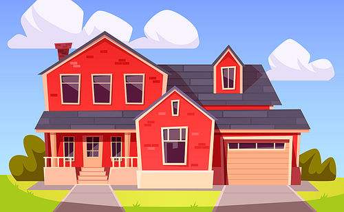 Suburban house, residential building from red brick with garage. Vector cartoon illustration of village mansion facade. Summer countryside landscape with cottage
