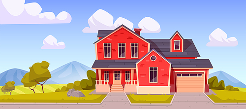 Suburban house, residential cottage, real estate countryside building red brick exterior. Two storey dwelling place with garage. Home facade with green lawn in front yard. Cartoon vector illustration