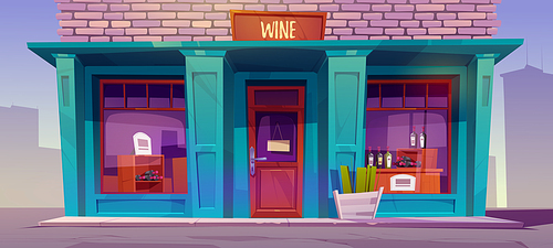 Wine shop facade, alcohol production store front, city architecture building with signboard on closed door and large windows with bottles on rack. Small retail market, Cartoon vector illustration