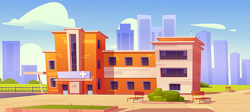Hospital clinic building with green bushes and benches at front yard. Medicine, city infirmary health care infrastructure, medic two-storied office on cityscape background, Cartoon vector illustration
