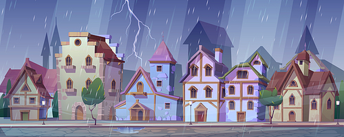 Medieval german night street at rainy weather. Traditional half-timbered houses under rain and lightning. European buildings in old town. Fachwerk cottages cityscape, Cartoon vector illustration