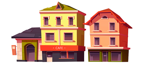 Retro buildings, town or city vintage house architecture with cafe and store showcase on ground floor. Dwelling construction, antique stone cottages front view. Housing exterior cartoon vector clipart