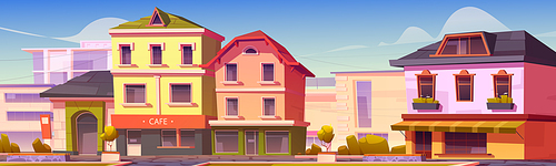 European street buildings, Europe city houses of retro and modern architecture design. Provincial town dwellings front view exterior with cafe and stores on ground floor, Cartoon vector illustration