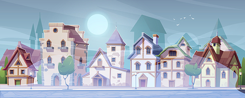 Medieval german street with half-timbered houses in white fog. Traditional european buildings in old town or village at misty weather. Vector cartoon summer landscape with fachwerk cottages and mist