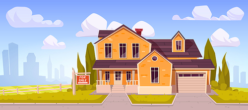 Suburban house with sign for sale. Residential cottage from yellow brick with garage with cityscape on background. Vector cartoon landscape with suburb mansion. Real estate purchase concept