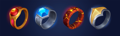 Magic rings and fantasy jewelry cartoon game props icons, user assets ui interface design elements. Wizard or witch jewels with precious gems, gold, ruby, lava and blue crystal, Vector illustration