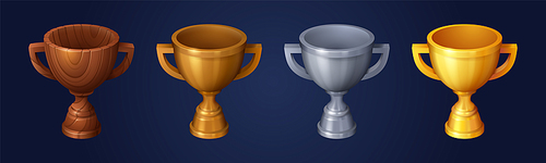 Cup, trophy goblet evolution game props icons. Wooden, bronze, silver and golden shiny metal objects. Isolated award prize for victory in competition, casino or sport success Cartoon 3d vector element