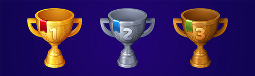 Cups for first, second and third place, winner trophy goblet game icons. Bronze, silver and golden award metal prize for victory in competition, casino or sport success, Cartoon 3d vector elements