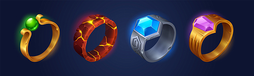 Fantasy magic rings with gems, diamond and cracks with fire inside. Game icons of witch or wizard jewelry, gold, silver and lava rock rings, vector cartoon illustration