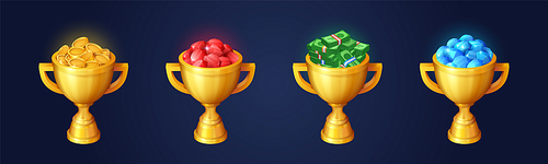 Winner trophy, gold cups with pile of gems and money. Award for victory, first place in game. Golden goblets with diamonds, rubies, coins and bills, vector cartoon set