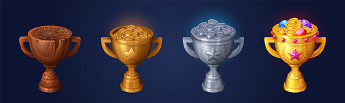 Rank trophies, gold, silver, bronze and wooden cups with money and gems. Winners awards for different place in game. Empty wooden cup and metal goblets with coins and gemstones, vector cartoon set