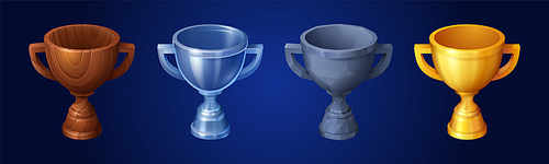 Set of winner cups made of wood, metal, stone and gold isolated on background. Vector cartoon illustration of different rank trophies. Collection of game props, level awards. Gui design elements