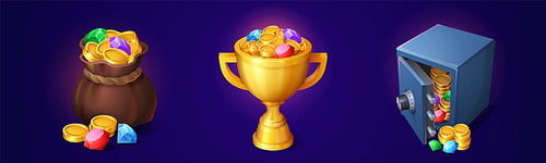 Money game icons, sack, goblet and safe full of golden coins and gem stones. Treasure, winner award, trophy ui or gui app elements, bonus, reward bag and cup, Cartoon vector illustration, set