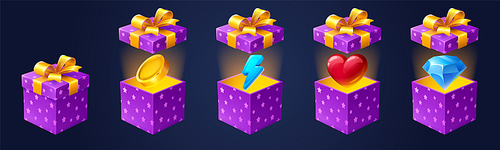 Game gift boxes with bonus, money coin, diamond, lightning flash, heart and closed present pack. 3d objects in wrapping paper with bows. Gamer rewards isolated gui elements, Cartoon vector icons set