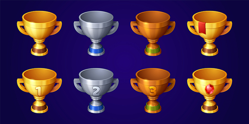 Collection of winner cups made of gold, silver and bronze metal, decorated with ranking numbers, red ribbons and gemstones. Cartoon vector illustration of game trophies isolated on dark background