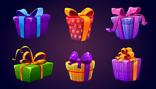 Set of closed gift boxes isolated on background. Vector cartoon illustration of colorful striped, dotted and checkered surprise packages decorated with ribbon bows, game reward