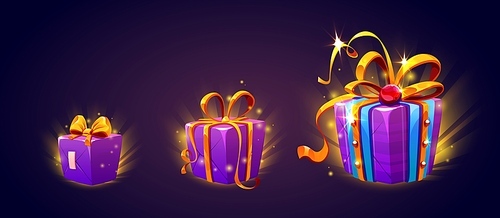 Game ui icons of gift boxes. Present packages, purple wrap with gold ribbon and bow for level rewards, prize, bonus or surprise, vector cartoon set isolated on background