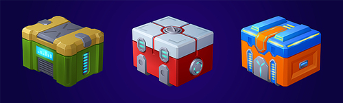 Game futuristic boxes, future technology chests. Icons of sci-fi equipment, loot boxes with electronic lock and display with neon light, vector cartoon illustration isolated on background