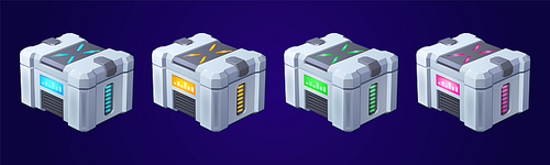 Game futuristic boxes, future technology chests. Icons of sci-fi equipment, metal loot boxes with electronic lock and display with neon light, vector cartoon illustration isolated on background