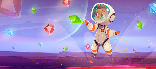 Cute astronaut collect bonus crystals on alien planet in space. Baby cosmonaut flying in weightlessness catch glowing gems on extraterrestrial landscape with glowing lava, Cartoon vector illustration