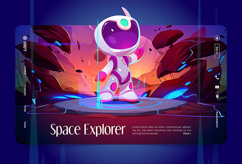 Space explorer landing page template. Cartoon vector illustration of astronaut in spacesuit standing on alien planet and waving hand. Futuristic adventure game character. Presentation website design