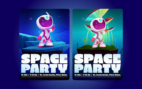 Space party posters with cute little spaceman on alien planet with rocks and mushrooms. Music fest, night club or birthday party in cosmic style with astronaut, vector cartoon illustration