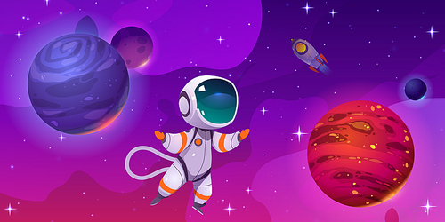 Cartoon astronaut exploring solar system in outer space. Vector illustration of cosmonaut character in spacesuit and helmet floating among planets and stars, rocket flying in sky. Game background