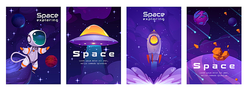 Cartoon set of space exploration game banner design templates with place for text. Vector illustration of astronaut, rocket and alien spaceship, planets, asteroids and satellites flying in night sky