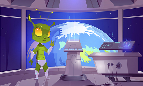 Cartoon alien on board of spacecraft approaching Earth. Vector illustration of funny green humanoid creature waving hello inside UFO with futuristic technology equipment. Space invasion game design