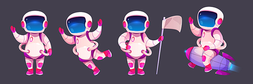 Cartoon astronaut character set isolated on black background. Vector illustration of cute cosmonaut in spacesuit waving hello, floating in outer space, standing with flag in hand, riding on rocket