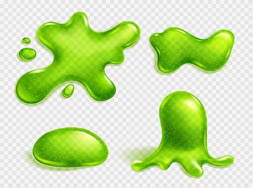 Green slime blob, jelly, liquid snot stain or glue realistic vector isolated illustration on transparent background. Blot of toxic phlegm or slimy poison splash