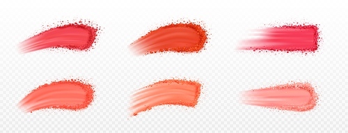 Set of vector realistic face blusher powder smear. Isolated makeup cosmetic swatch on transparent background. Mineral product stroke, beauty product samples. Broken powder sample texture, pink colors