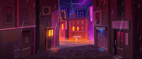 Rainy night in big city. Cartoon vector illustration of cityscape with heavy rainfall and lightning in dark sky, closed cafe in empty backstreet, buildings with illuminated windows. Stormy weather