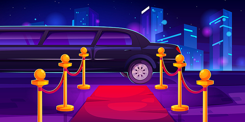 Luxury black limousine car with closed door near empty red carpet with rope barrier against night cityscape background. Celebrity arrival at vip party or awarding ceremony. Cartoon vector illustration