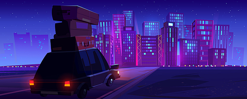 Car with baggage driving road to big city at night. Cartoon vector illustration of auto heading for modern town with skyscrapers glowing in darkness with neon light illumination under starry sky