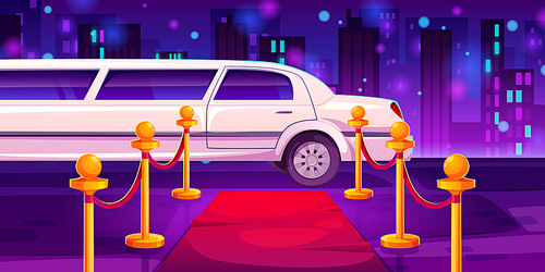 Luxury white limousine car with closed door near empty red carpet with rope barrier against night cityscape background. Celebrity arrival at vip party or awarding ceremony. Cartoon vector illustration