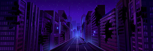 City street with buildings and ruins after earthquake, war, disaster. Destroyed abandoned town landscape with broken houses and road at night, vector cartoon illustration