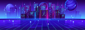 Metaverse, vr technology concept with digital city buildings. Futuristic virtual reality background with cityscape simulation with planets in sky at night, vector cartoon illustration