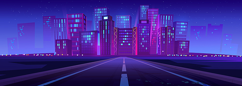 Skyline with city buildings, road and stars at night. Landscape with cityscape, empty street, modern houses and skyscrapers on horizon, vector cartoon illustration