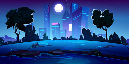Summer night park with lake in big city. Cartoon vector illustration of beautiful public garden landscape with river and trees, modern building silhouettes in background under full moon light