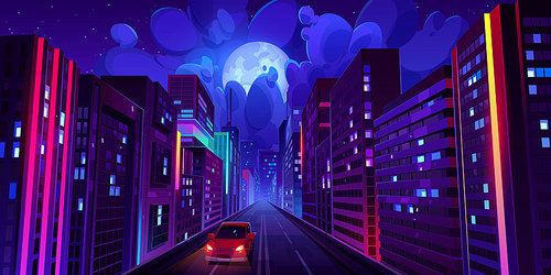 City with highway road and buildings with neon light at night. Futuristic cityscape with car on street and skyscrapers in perspective view, vector cartoon illustration