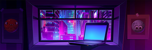 Laptop on window with night city view. Vector cartoon illustration of teenagers workspace, computer with blank screen on windowsill in dark bedroom. Futuristic cityscape illuminated with neon lights