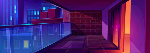 Empty interior of balcony with red brick wall and glass door with urban buildings outside. Summer terrace, night lounge with glass fence and city skyline view, vector cartoon illustration