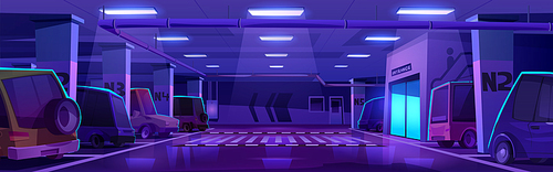 Underground car garage with entrance to mall vector illustration. Full parking in building basement interior cartoon background. Indoor parking with no free space. Urban game scene at night.
