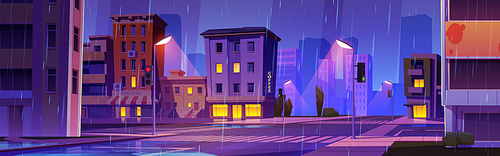 Night city street crossroad scene with car traffic. Evening in rainy town with lamp light on road cartoon vector background. Dark house with apartment and coffee shop. Urban panorama view.