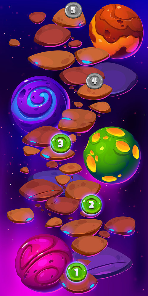 Game ui level map with space planets, rocks, path and numbers. Cartoon 2d fantasy galaxy, universe travel adventure platform, environment graphics for pc or mobile arcade, menu interface design