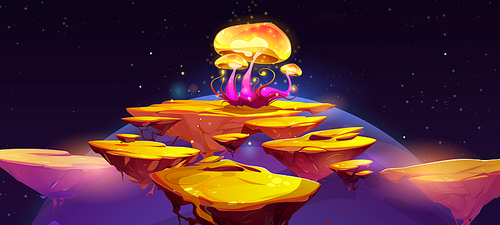 Fantasy mushroom on flying island in space. Cartoon alien magic plant at starry universe with huge purple planet sphere. Landscape for game with unusual extraterrestrial fungus, Vector illustration