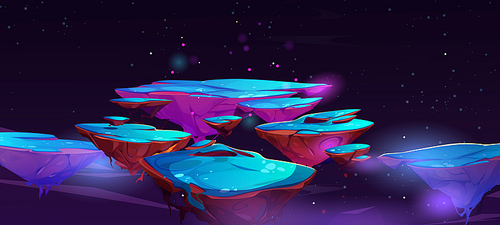 Flying rock islands at night sky cartoon fantasy game landscape. Floating land pieces with grass and glowing sparkles, mysterious ground pieces hanging in air, parallax background, Vector illustration