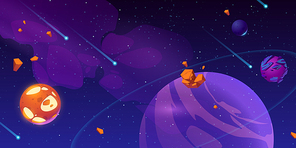 Meteors and rocky asteroids flying in outer space. Cosmic background with planets, stars and satellites. Cartoon vector illustration of alien globes in starry sky. Fantasy galaxy for computer game